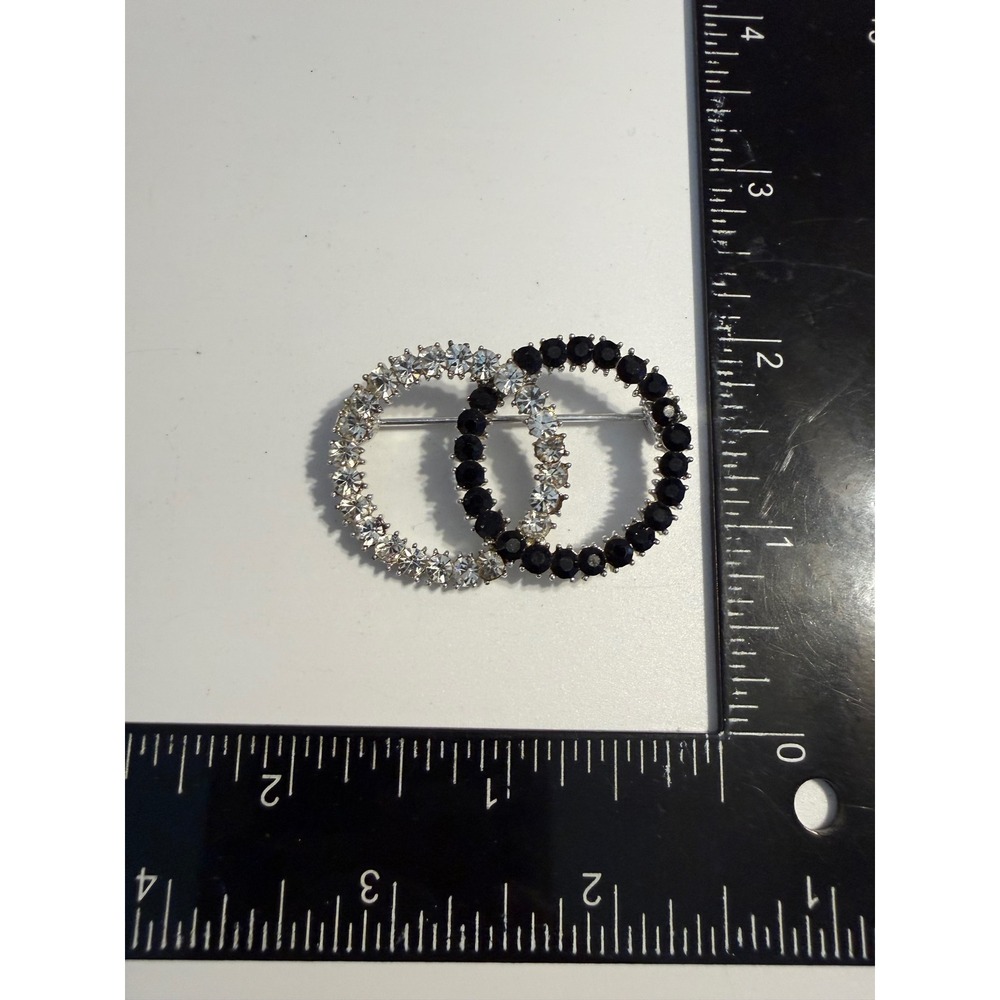 Vintage Interlocking Double Circle Brooch Black Clear Rhinestone Silver Tone Pin